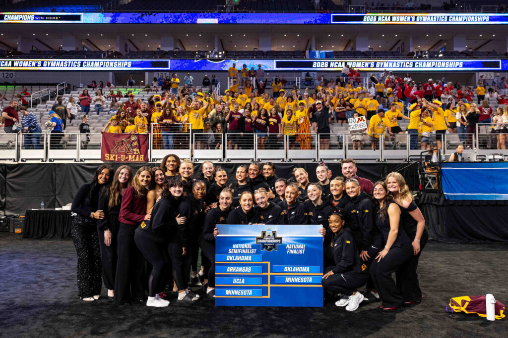 Gopher women’s gymnasts in the “Four On The Floor” Final Four today in Texas Gopher women’s gymnasts in the “Four On The Floor” Final Four today in Texas